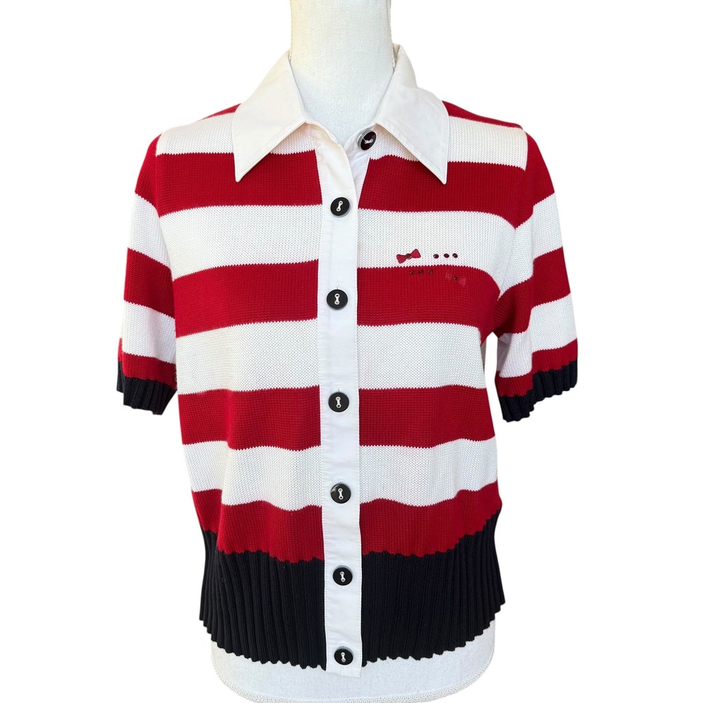 Lucia Vintage Red White Striped Knit Cardigan Short Sleeve Button Front Top 10